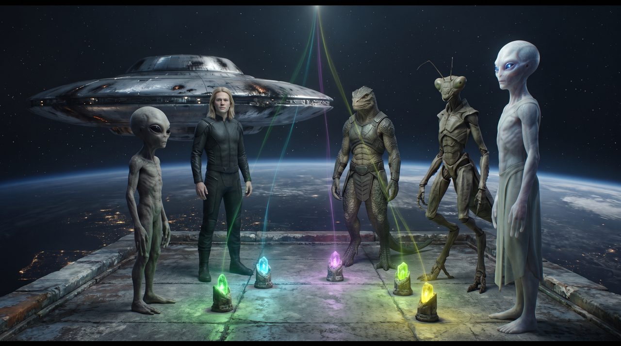 Five of Alien Life Creations' documented species, a Grey, a Nordic, a Reptilian, a mantis-like Insectoid, and a Tall White, standing together on a platform above Earth