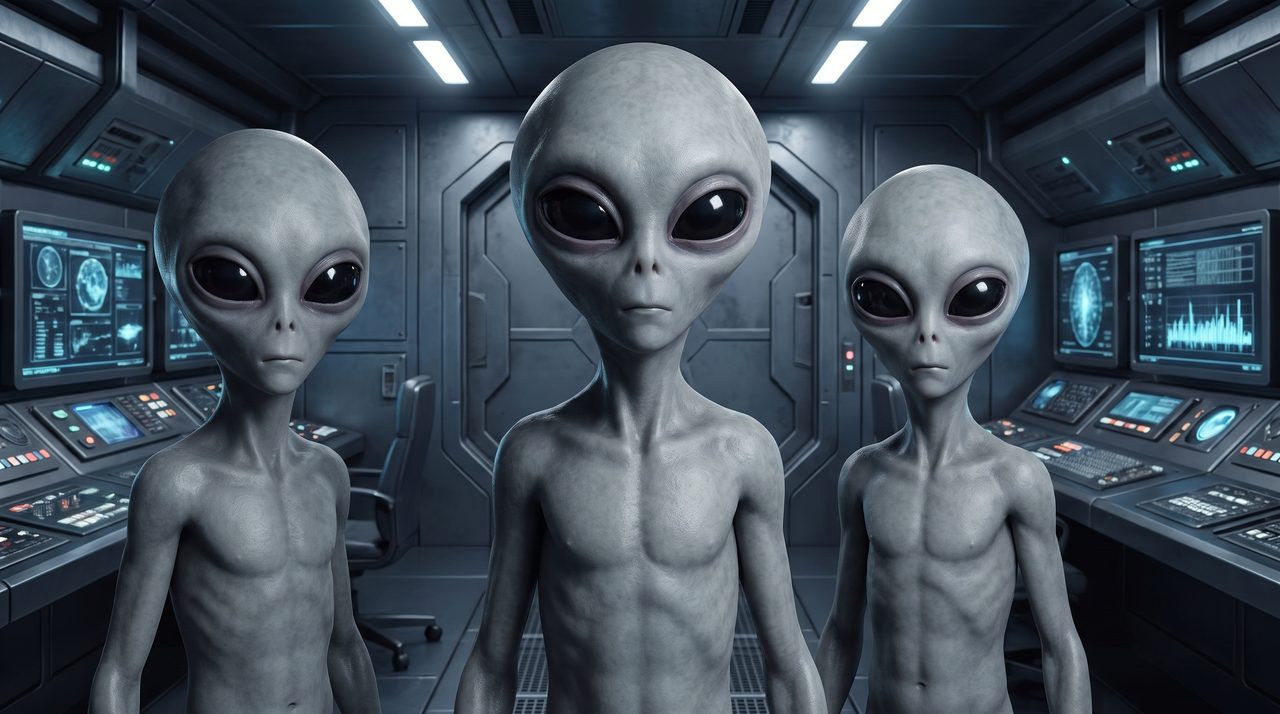 An AI-generated artist's impression of Grey aliens aboard a spacecraft, representing the reported beings catalogued in this wing