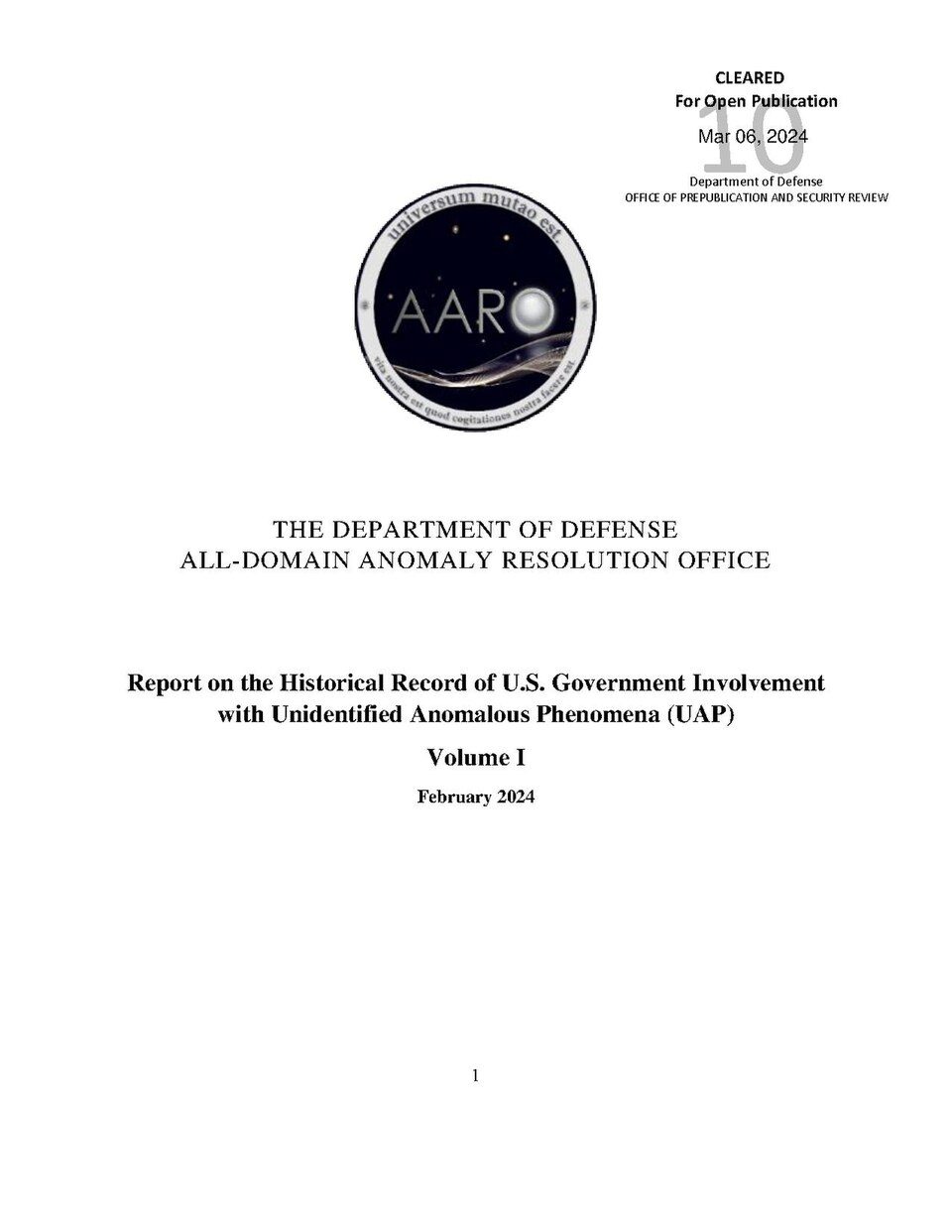 The cover page of AARO's Report on the Historical Record of U.S. Government Involvement with Unidentified Anomalous Phenomena, Volume I