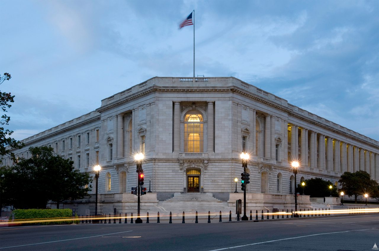 The Russell Senate Office Building on the Capitol campus in Washington, photographed at dusk