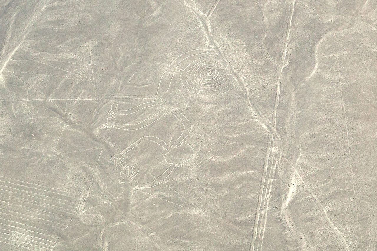 The Nazca monkey geoglyph, a giant figure of a monkey with a curled tail etched into the desert floor in Peru.