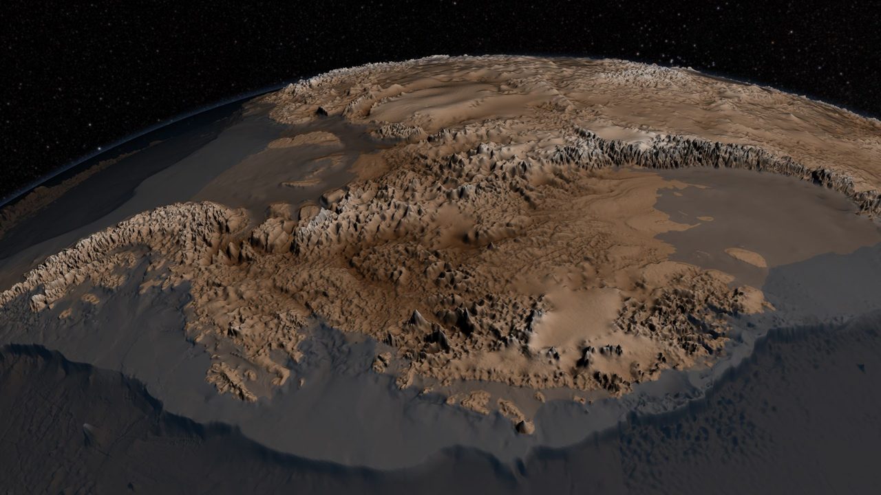 BEDMAP2 radar-derived map of the bedrock topography beneath the Antarctic ice sheet