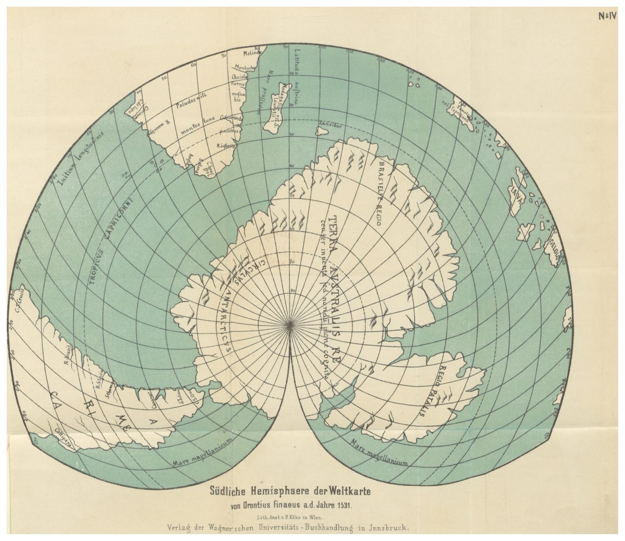 The Oronteus Finaeus world map of 1531, showing a large southern continent centered on the South Pole