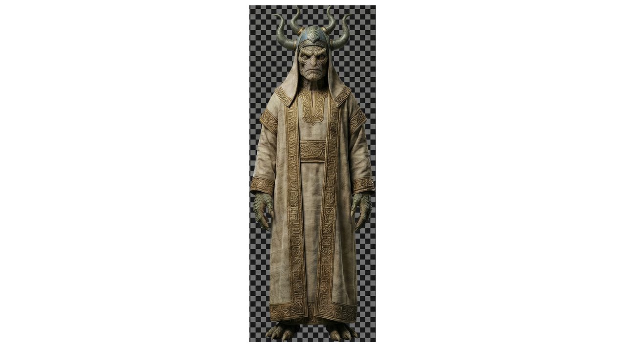 An AI-generated artist's impression of Anu, horned crown and staff, head of the Anunnaki pantheon