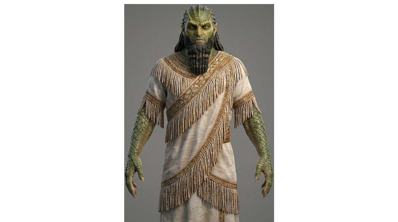 An AI-generated artist's impression of Enki, scaled arms and a fringed robe, the god who proposes creating humanity