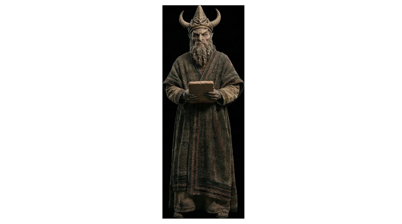 An AI-generated artist's impression of Enlil, horned crown, holding a clay tablet