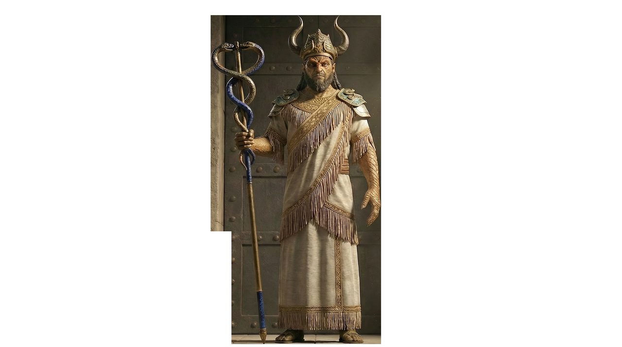 An AI-generated artist's impression of Ningishzida, holding an entwined-serpent staff, titled Lord of the Good Tree