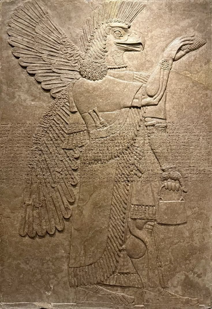 A stone relief of a bird-headed, winged Apkallu holding a cone and a bucket, from Room F of the Northwest Palace at Nimrud, in Bristol Museum and Art Gallery