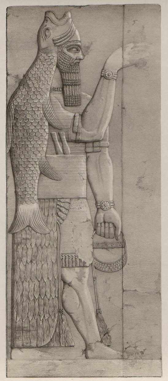 A 19th-century engraved plate of a fish-cloaked figure, published in Austen Henry Layard's second series of the monuments of Nineveh, 1853