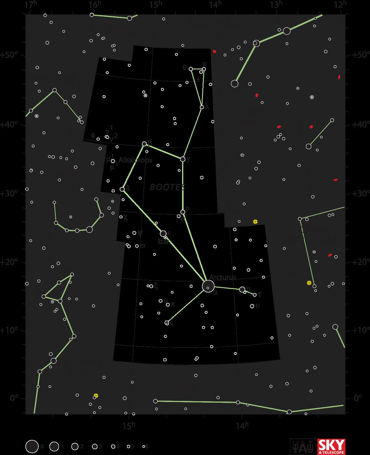 Official IAU/Sky and Telescope constellation chart of Boötes, with Arcturus marked as the brightest star