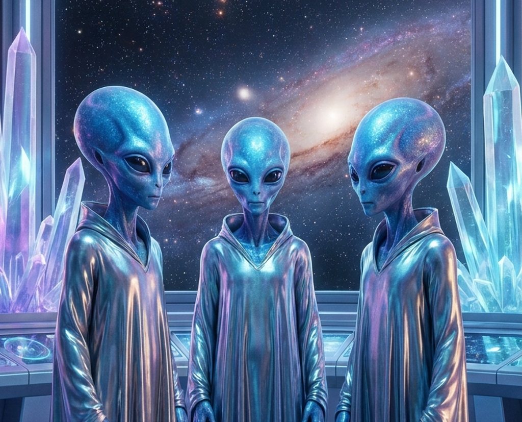 An AI-generated artist's impression of three blue-skinned humanoid Arcturian beings in shimmering robes before a galaxy window