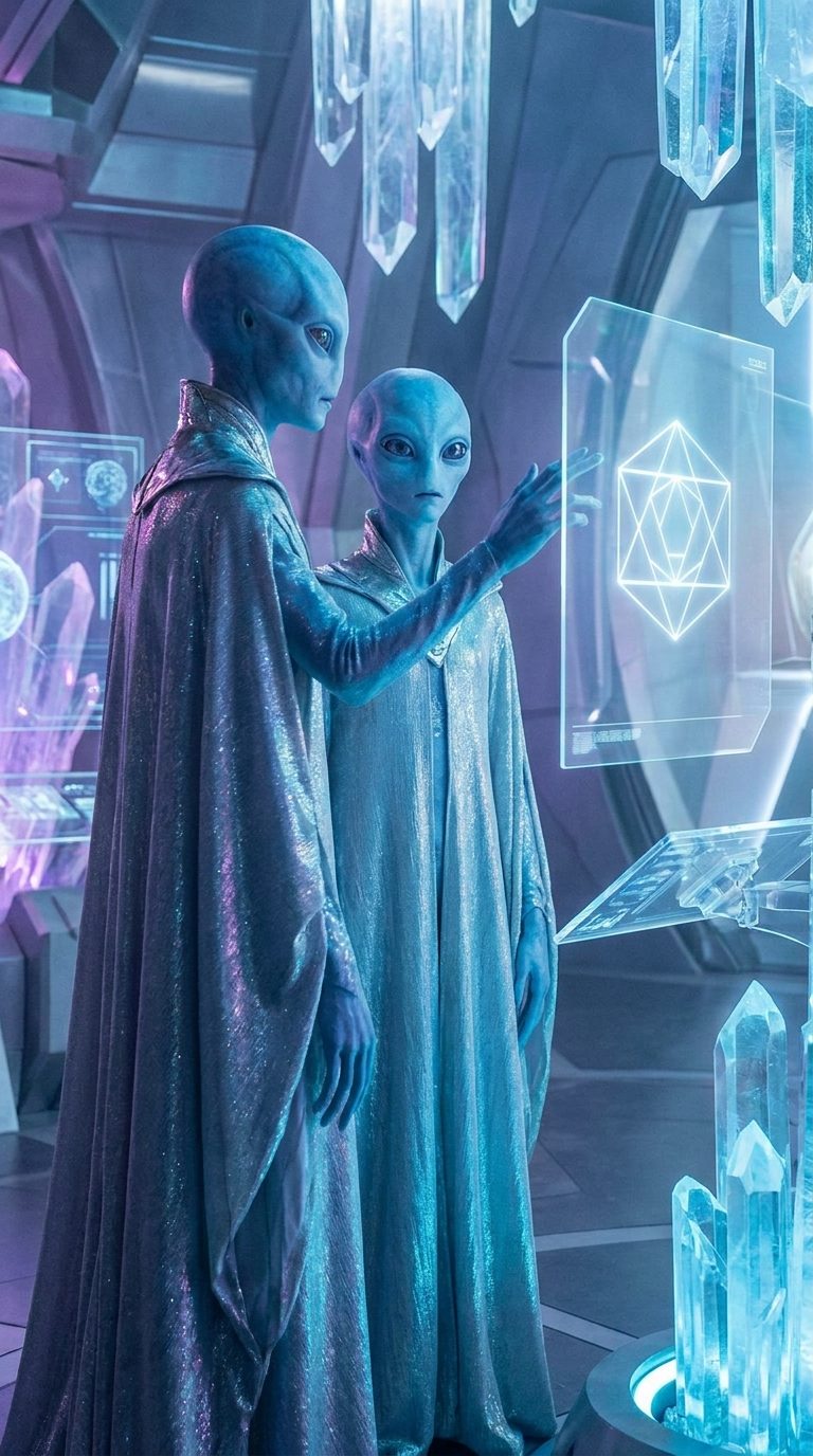 An AI-generated artist's impression of two blue-skinned Arcturian beings examining a geometric hologram amid crystal formations