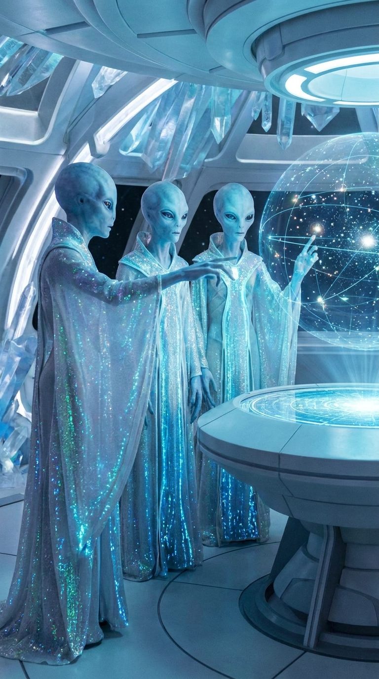 An AI-generated artist's impression of three robed blue-skinned Arcturian beings pointing into a holographic star sphere