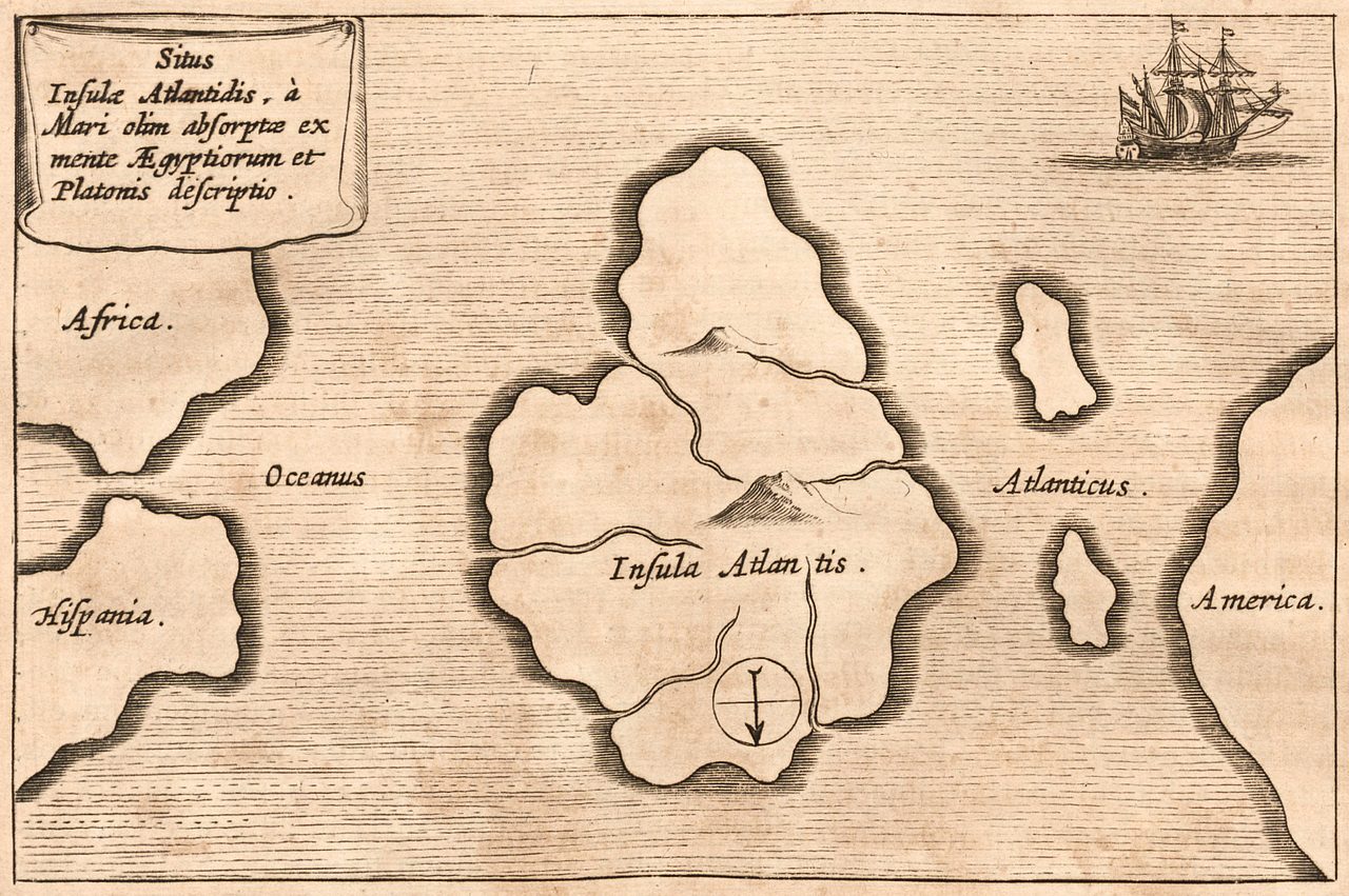 A 17th-century engraved map showing Atlantis as a large island in the middle of the Atlantic Ocean, from Athanasius Kircher's Mundus Subterraneus