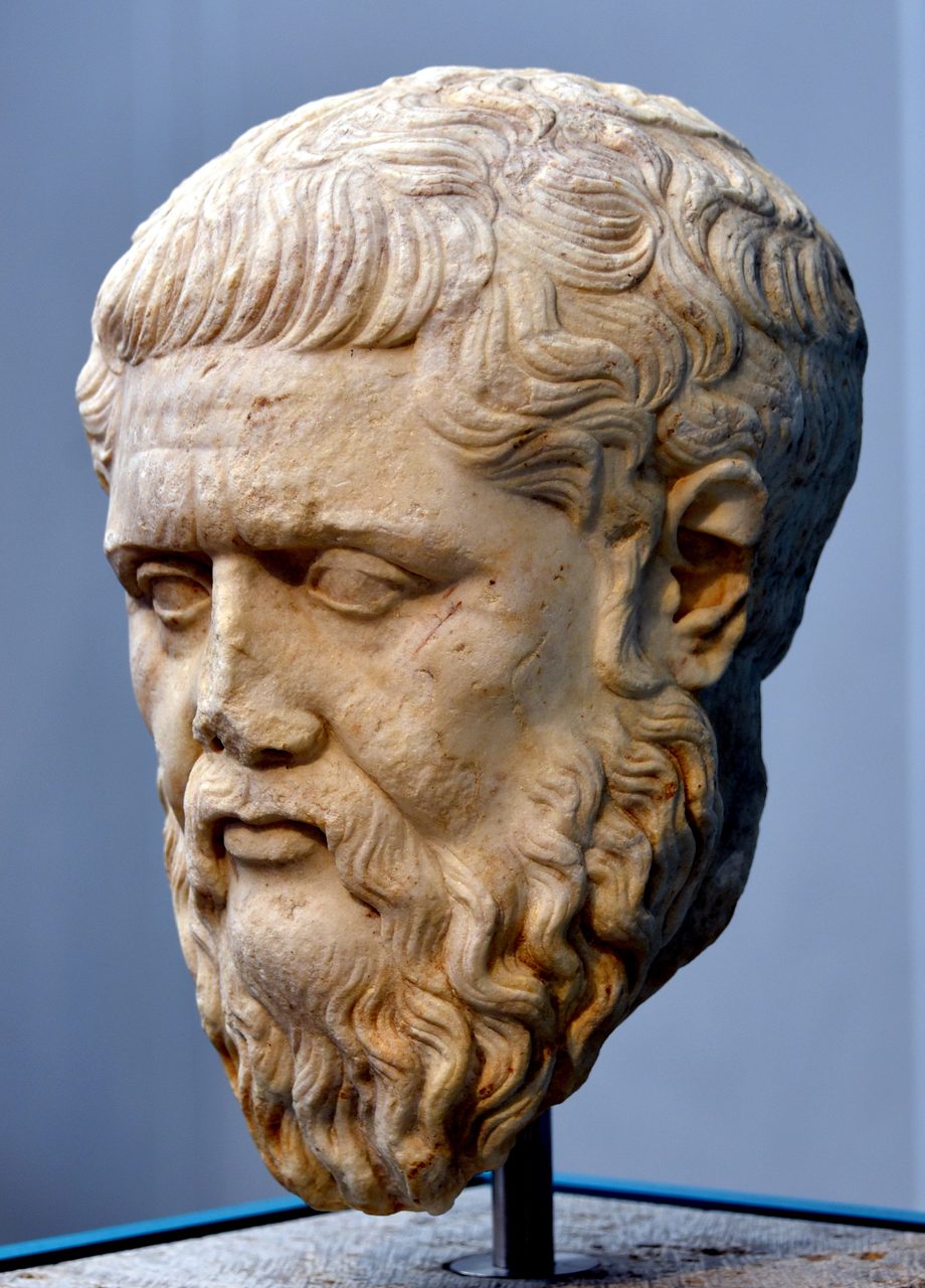 A marble bust of the Greek philosopher Plato, a Roman copy of a Greek original, in the Altes Museum in Berlin
