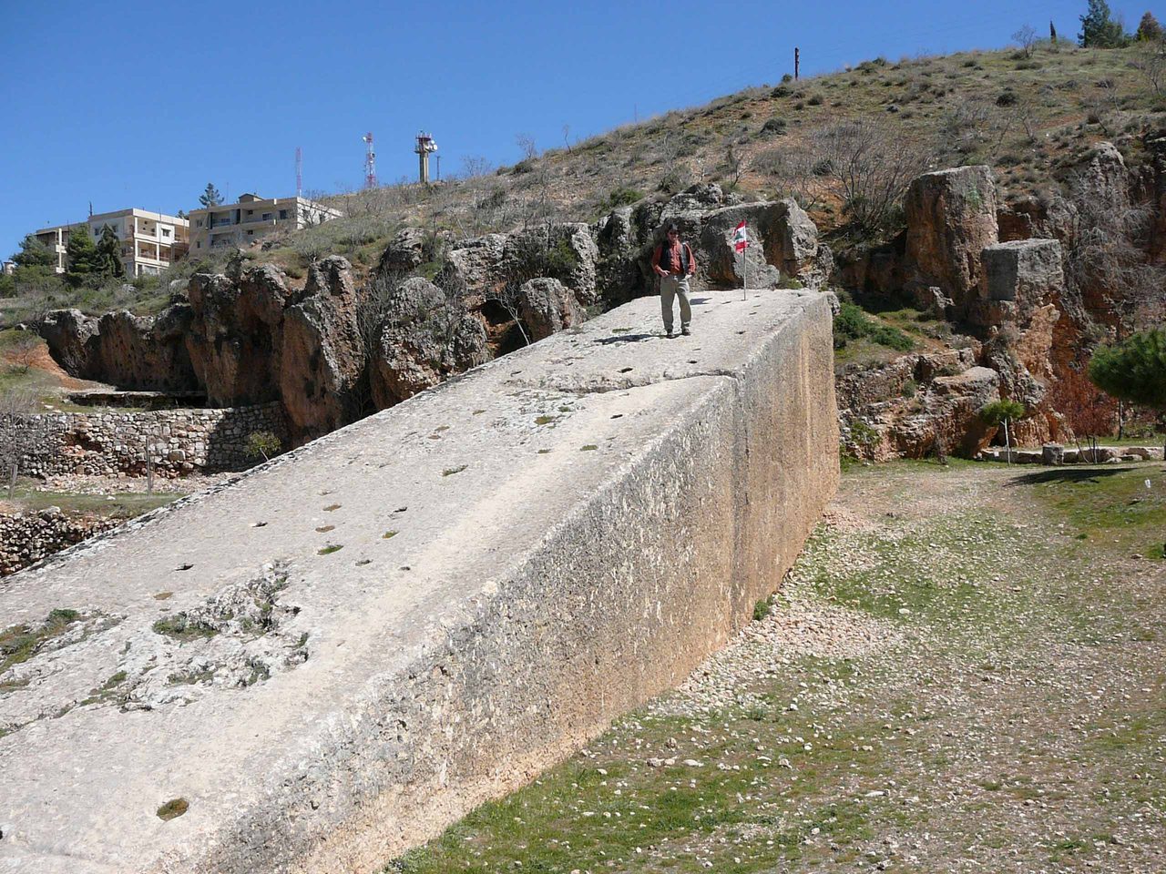 The Stone of the Pregnant Woman, a giant monolith still attached to bedrock at the Hajjar al-Hibla quarry near Baalbek