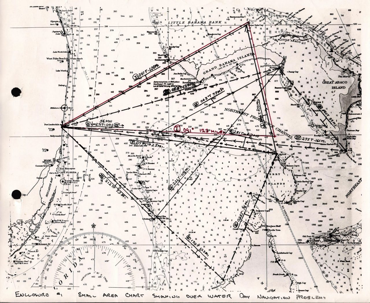 The 1945 U.S. Navy training map for Flight 19, labeled Navigation Problem Number 1, showing the planned course east from Fort Lauderdale over the Bahamas and back