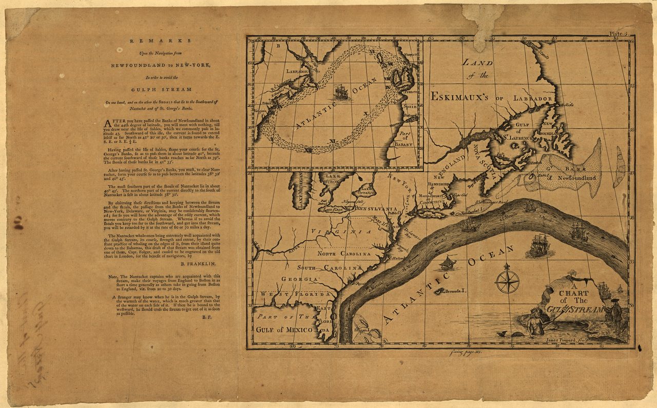The 1786 Poupard engraving of Benjamin Franklin and Timothy Folger's chart of the Gulf Stream, showing the current sweeping up the eastern coast of North America and across the Atlantic