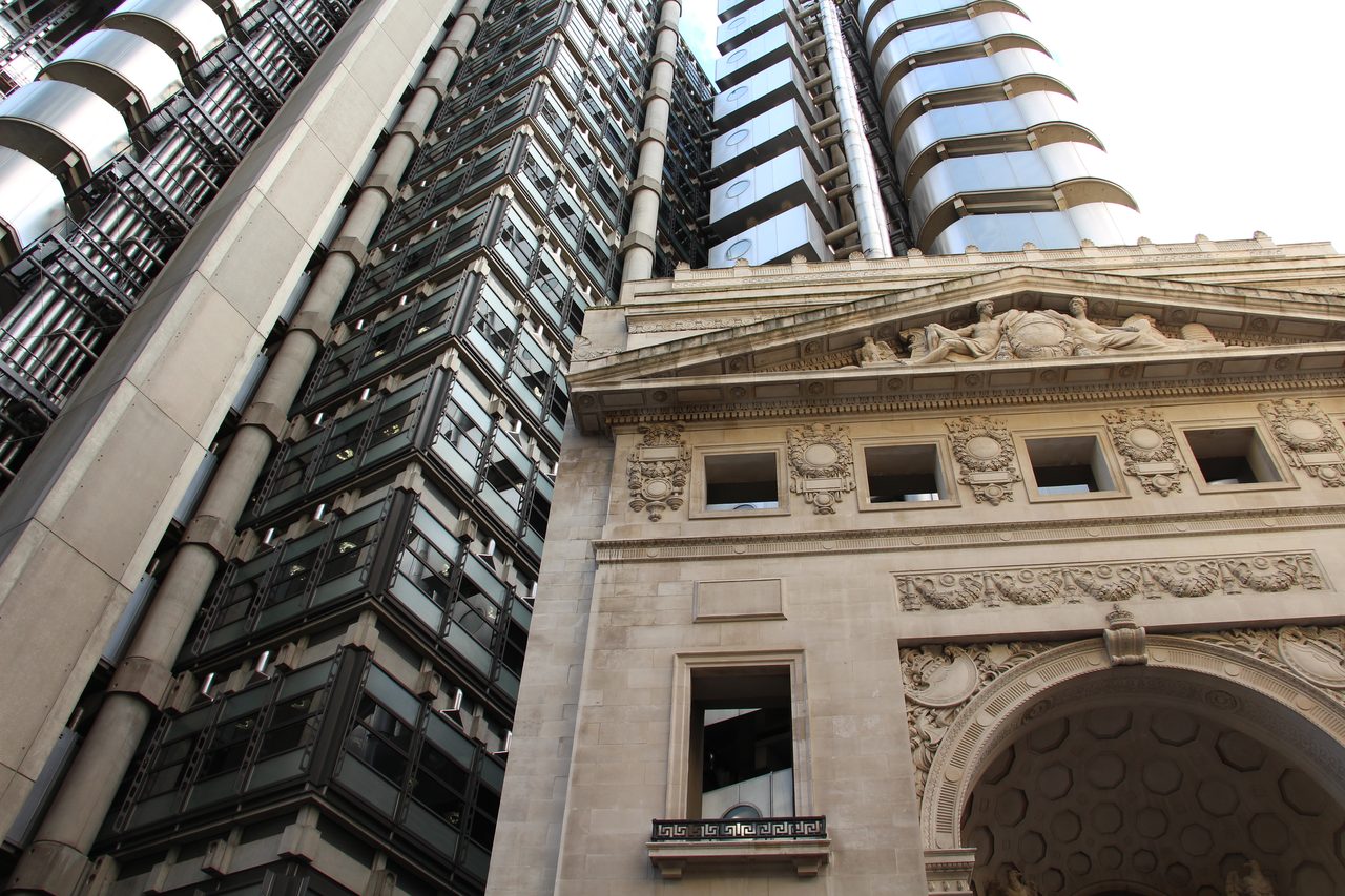 The Lloyd's building on Lime Street in London, the modern glass-and-steel headquarters of Lloyd's of London