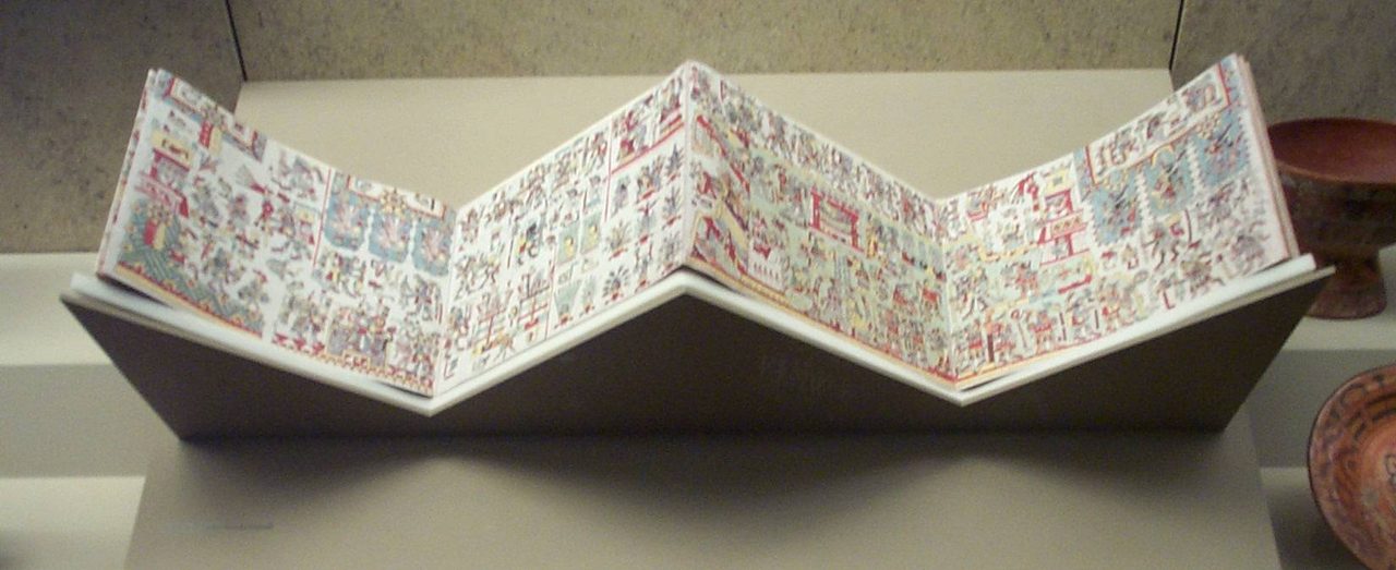 The Codex Zouche-Nuttall, a folded Mixtec screenfold manuscript, on display at the British Museum