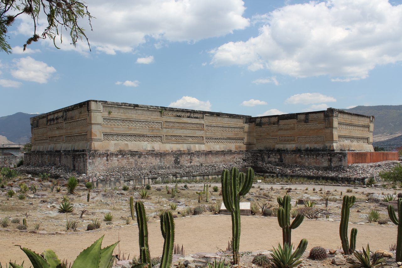 Geometric fretwork mosaic on the Palace of the Columns at Mitla, Oaxaca