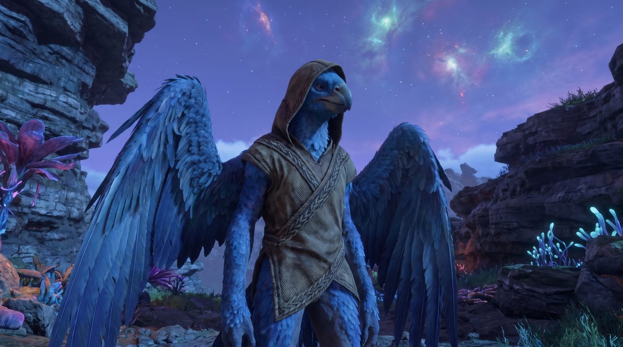 An AI-generated artist's impression of a hooded, blue-feathered humanoid being, imagining what a Blue Avian might look like