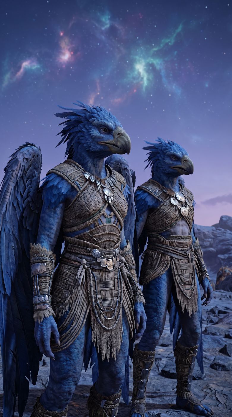 An AI-generated artist's impression of two blue-feathered humanoid beings standing beneath a starfield