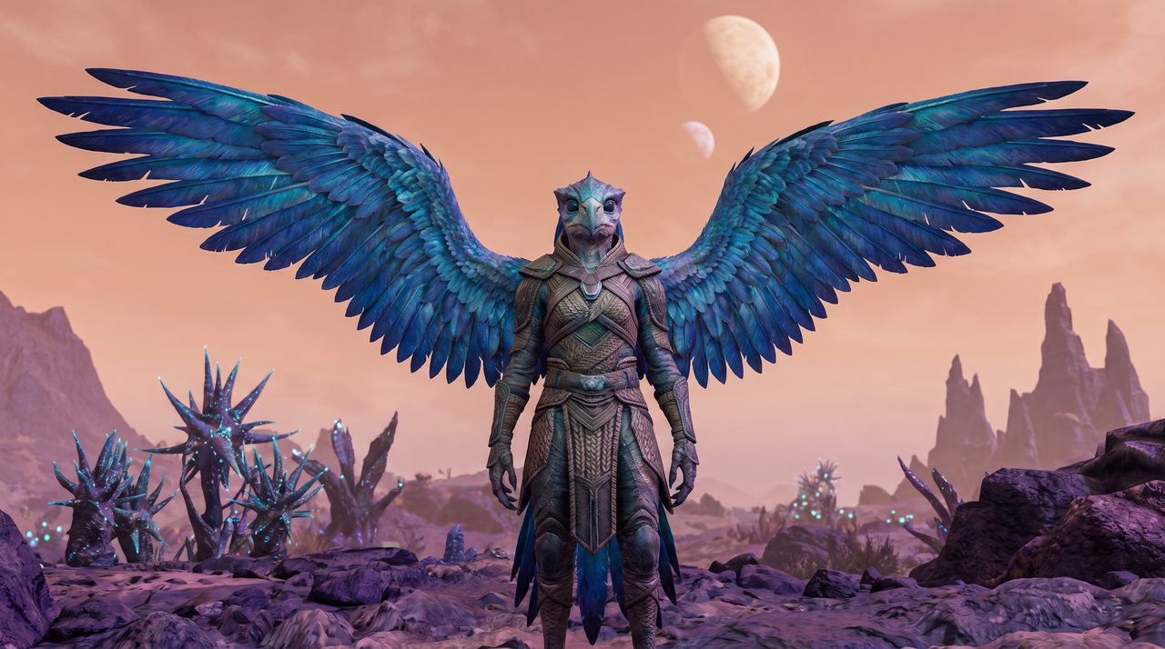 An AI-generated artist's impression of a blue-feathered humanoid being with wings spread, imagining what a Blue Avian might look like