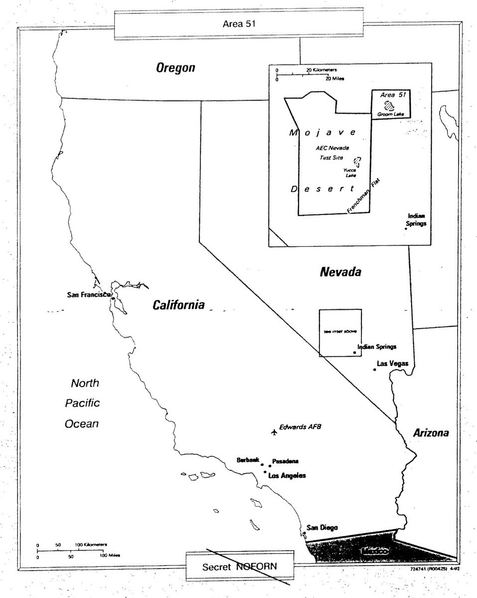A Central Intelligence Agency map of Groom Lake and the surrounding area of Nevada, declassified and released in 2013.