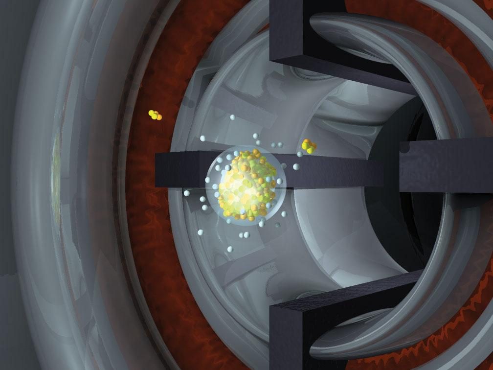 A scientific illustration of the decay residue of element 115, emitting an alpha particle and becoming element 113.