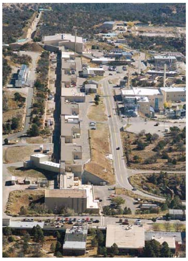 An aerial view of the Los Alamos Neutron Science Center, looking east across the facility.