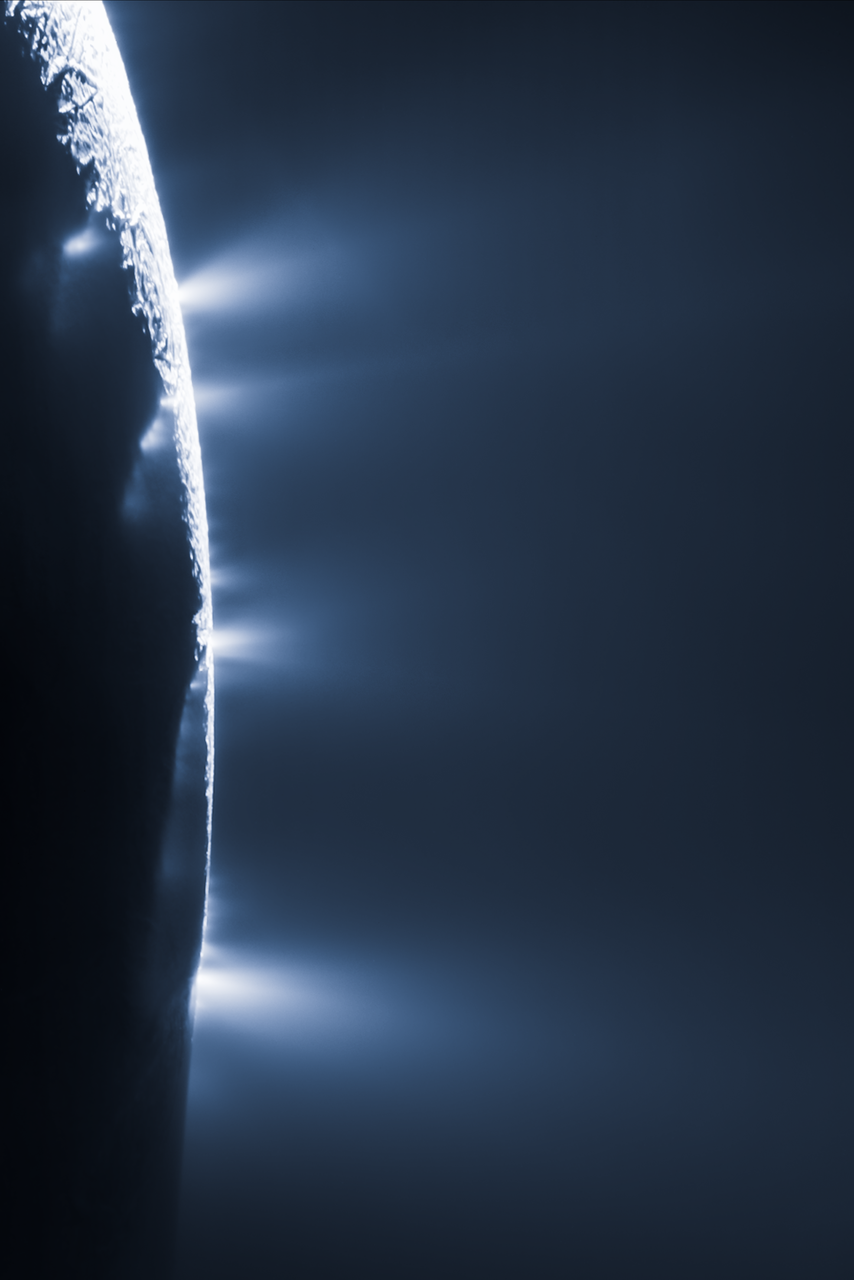 Water-ice plumes erupting from the south polar fractures of Saturn's moon Enceladus, imaged by the Cassini spacecraft.
