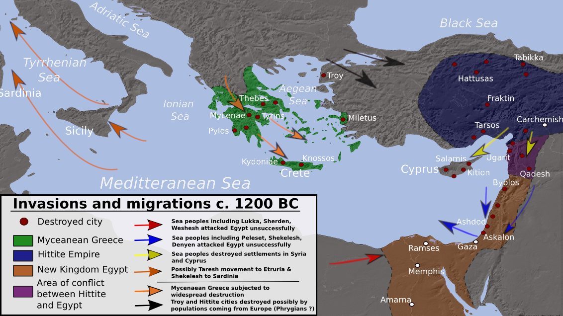 A map of the eastern Mediterranean and Near East showing invasions, destructions, and possible population movements around 1200 BCE
