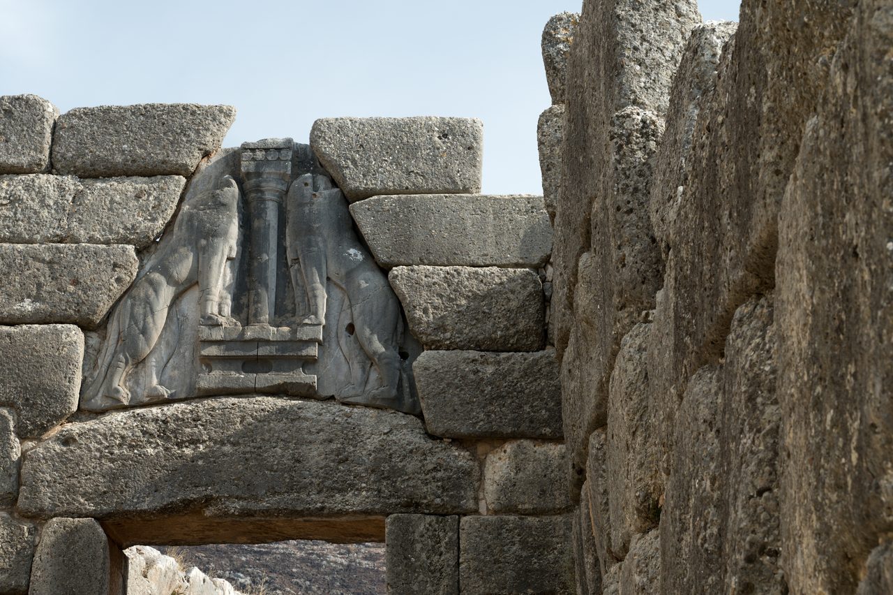 The Lion Gate at Mycenae, the monumental entrance to the Mycenaean citadel in Greece