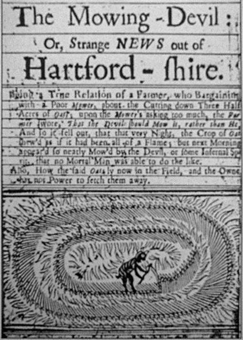 The 1678 Mowing-Devil pamphlet, its title page above a woodcut of a horned figure with a scythe cutting an oval pattern into a field