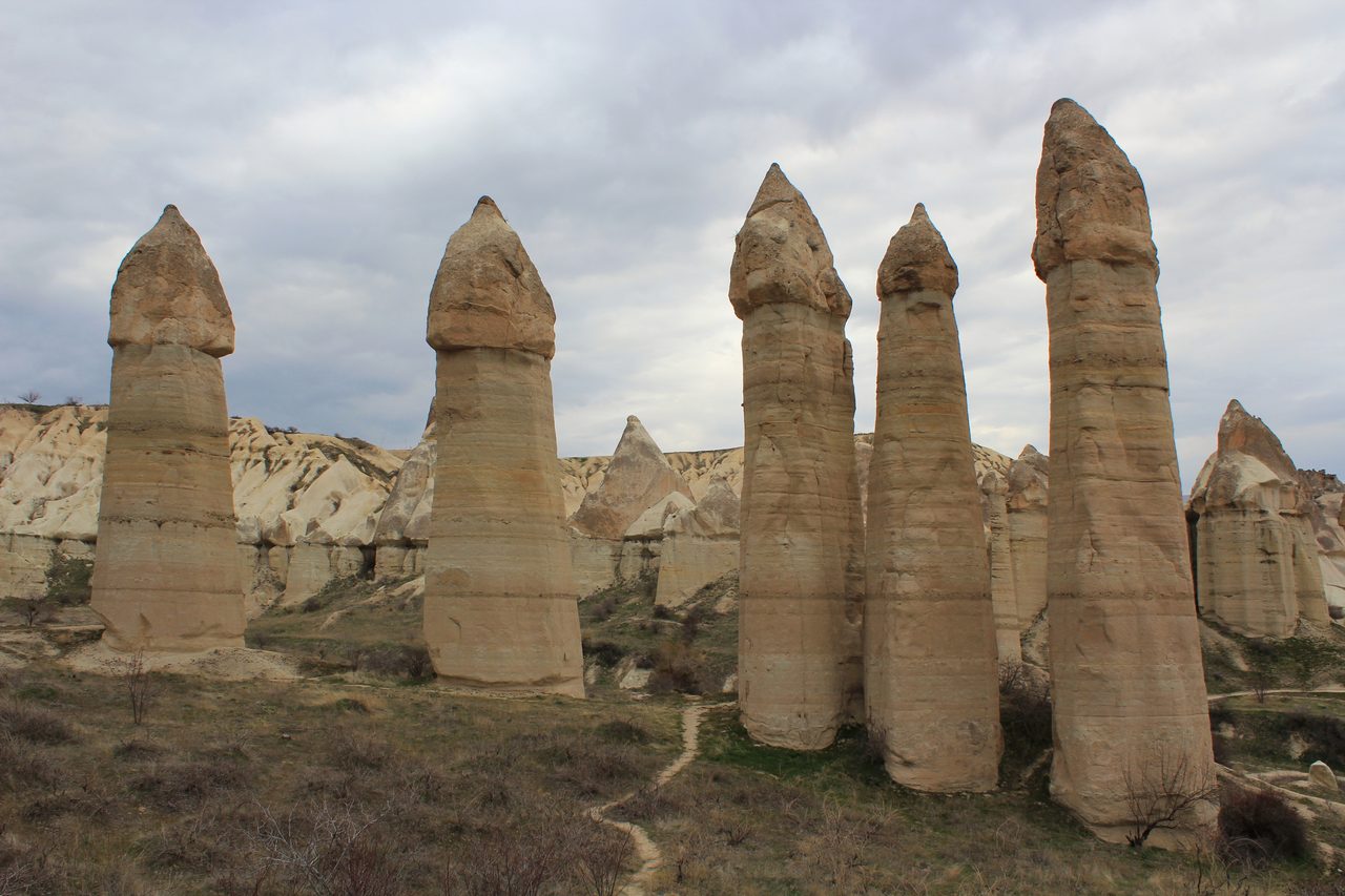 Fairy chimney rock formations in the Cappadocia region of central Turkey