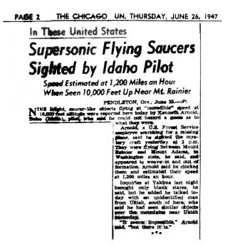 Chicago Sun newspaper headline reading 'Supersonic Flying Saucers Sighted by Idaho Pilot,' dated June 26, 1947