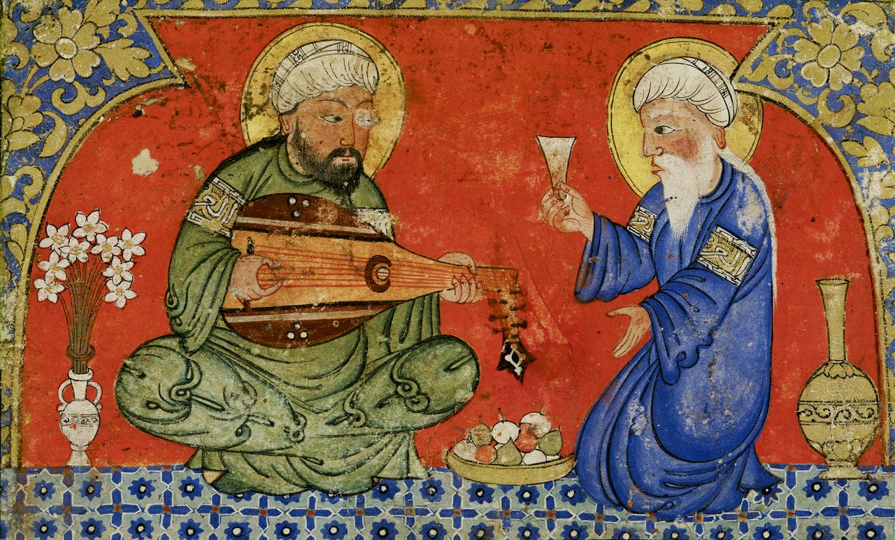 Medieval Islamic manuscript illustration of the singer Ibrahim al-Mawsili and a jinn, from the Diez Albums, Berlin