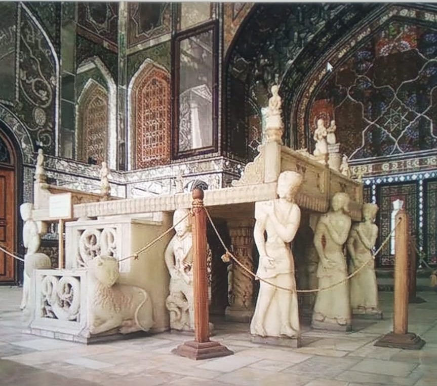 The Marble Throne at Gulistan Palace, Tehran, carved with supernatural figures in the Solomonic-throne tradition