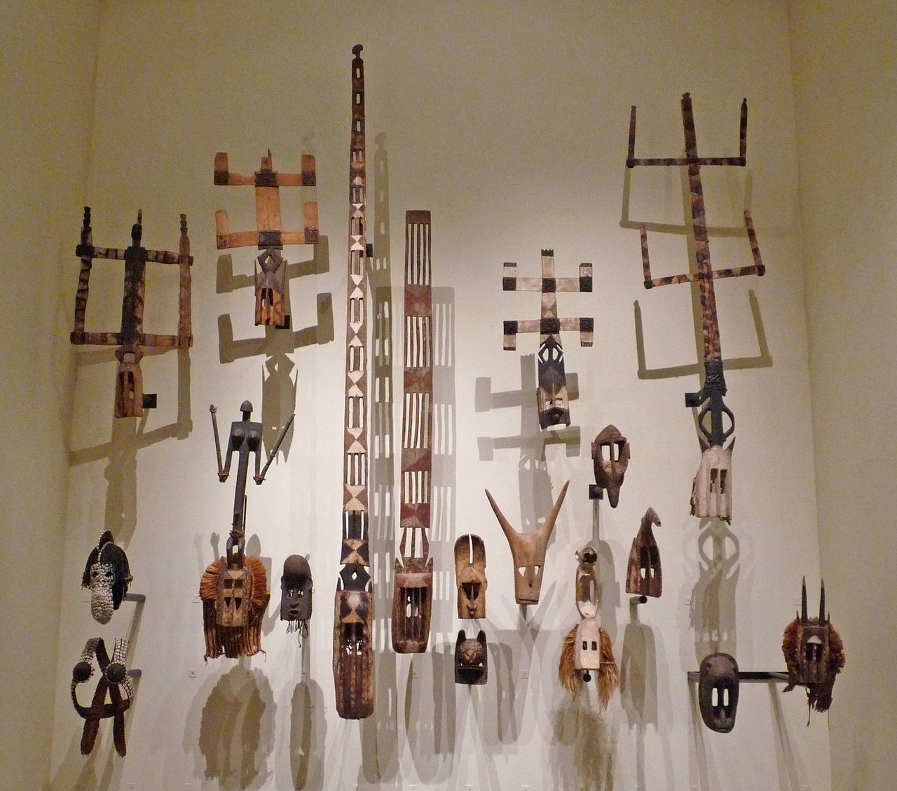 Dogon masks including Kanaga masks, on display at the Musee du quai Branly, Paris