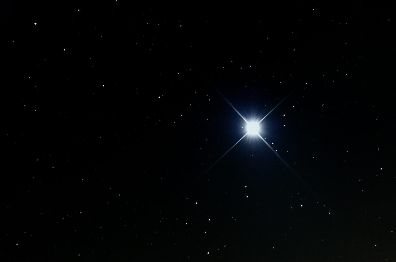 Sirius, the brightest star in the night sky, photographed as it appears to the naked eye