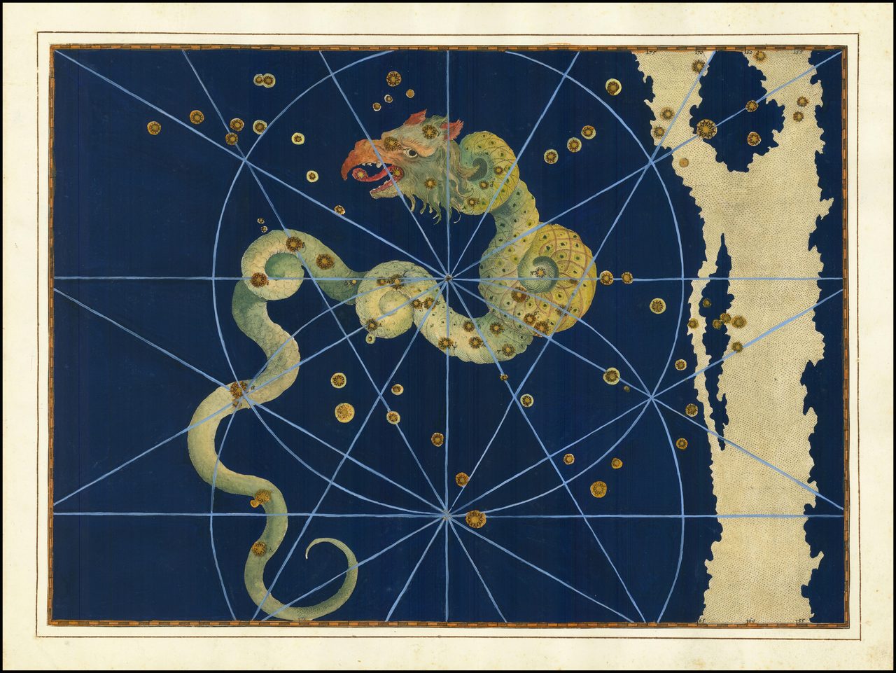 Johann Bayer's 1603 Uranometria star atlas plate depicting the constellation Draco