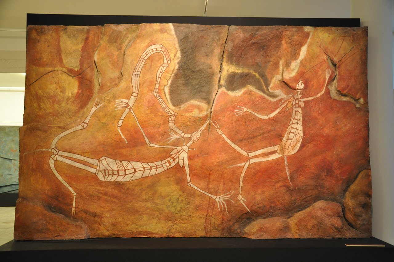 Namaroto spirits and the Rainbow Serpent Burlung, museum replica of Australian Aboriginal art, Anthropos Museum, Brno