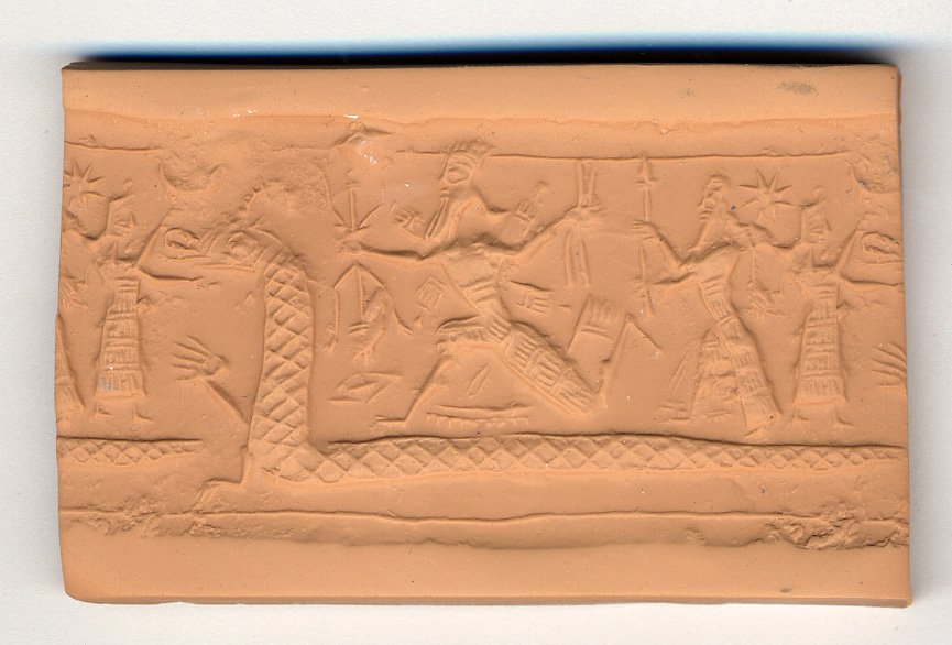 A weather-god armed with lightning fighting a Bashmu dragon, Neo-Assyrian cylinder seal impression, 9th to 8th century BCE, British Museum