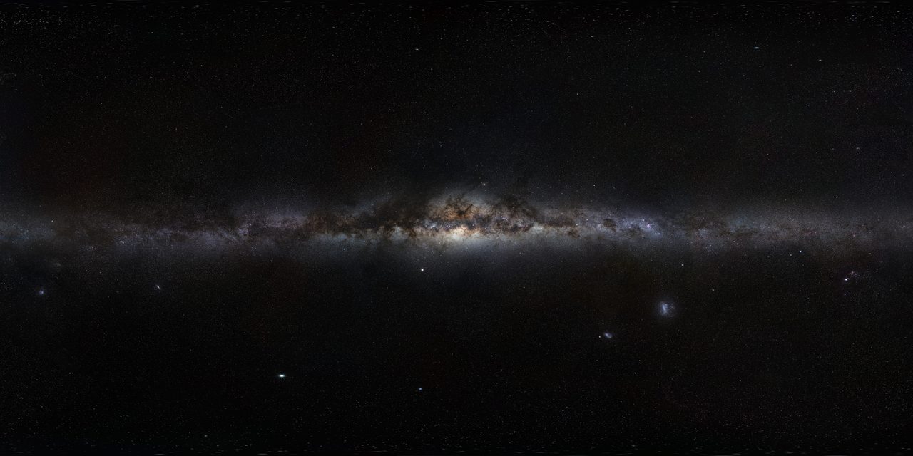 A 360 degree panoramic mosaic of the whole sky, the Milky Way running as a bright band across the full width of the frame.