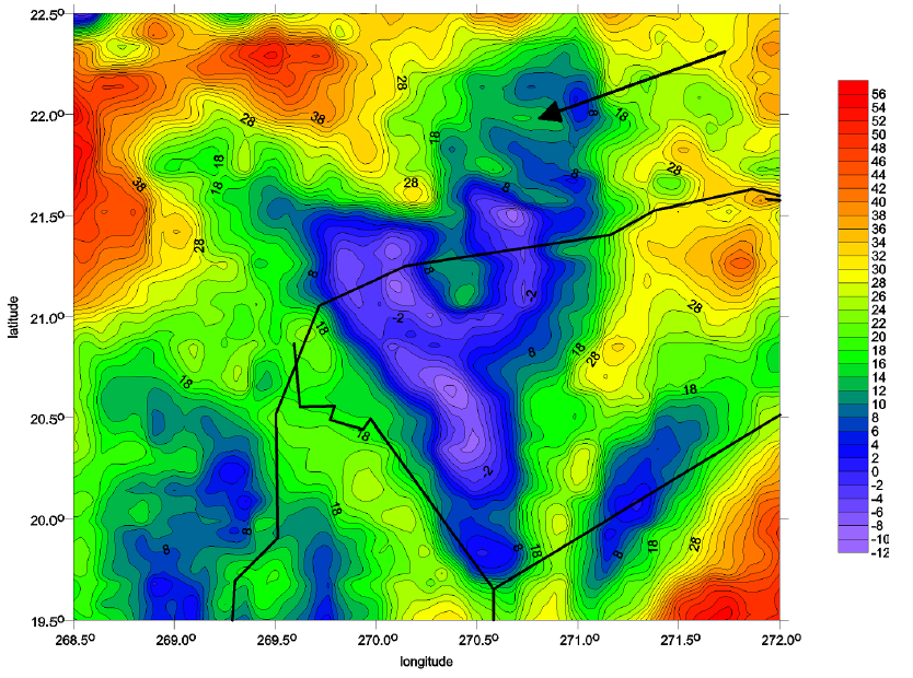 Gravity anomaly map centered on the Chicxulub impact crater