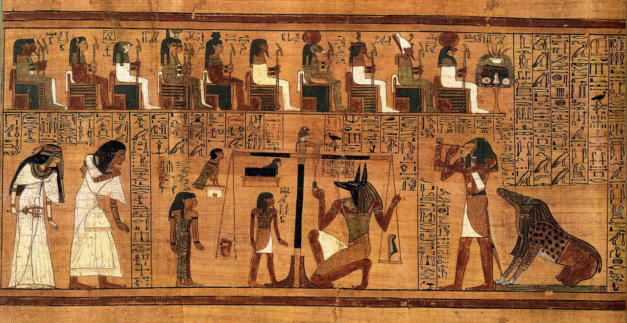 The Weighing of the Heart scene from the Papyrus of Ani, showing Anubis weighing a heart against the feather of Ma'at