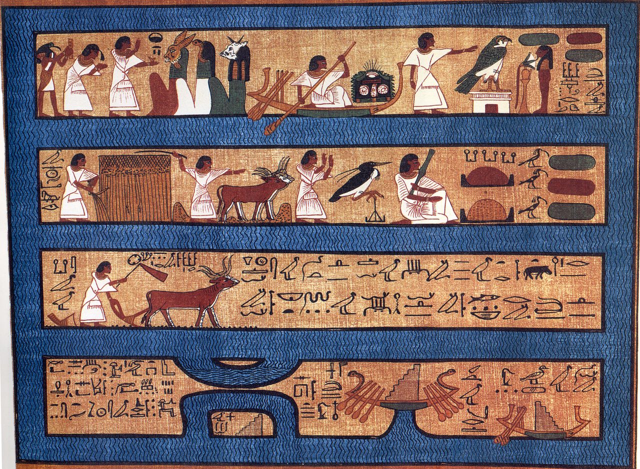 The Field of Hotep vignette from the Papyrus of Ani, showing the deceased farming in a paradise realm