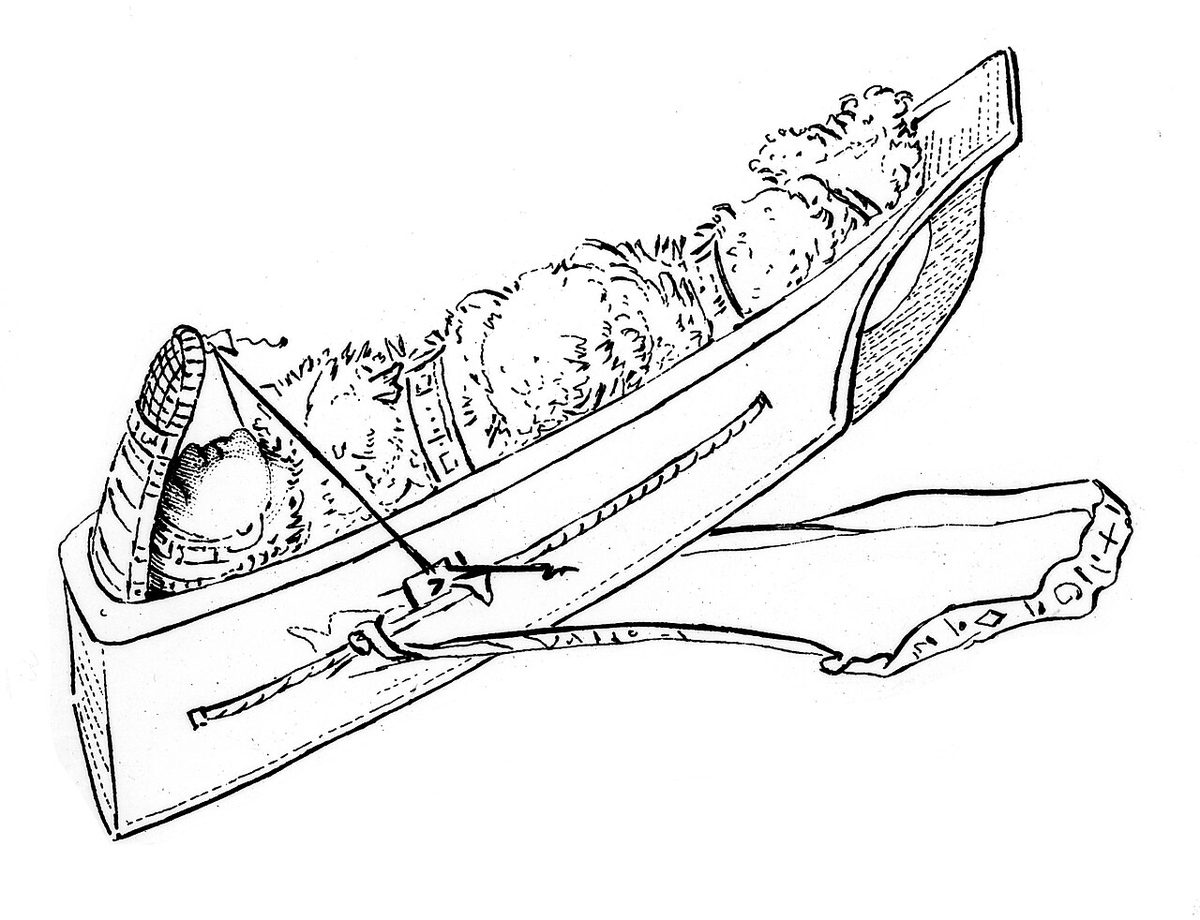A line drawing of a trough-shaped cradle with a hooded device fitted over the head end