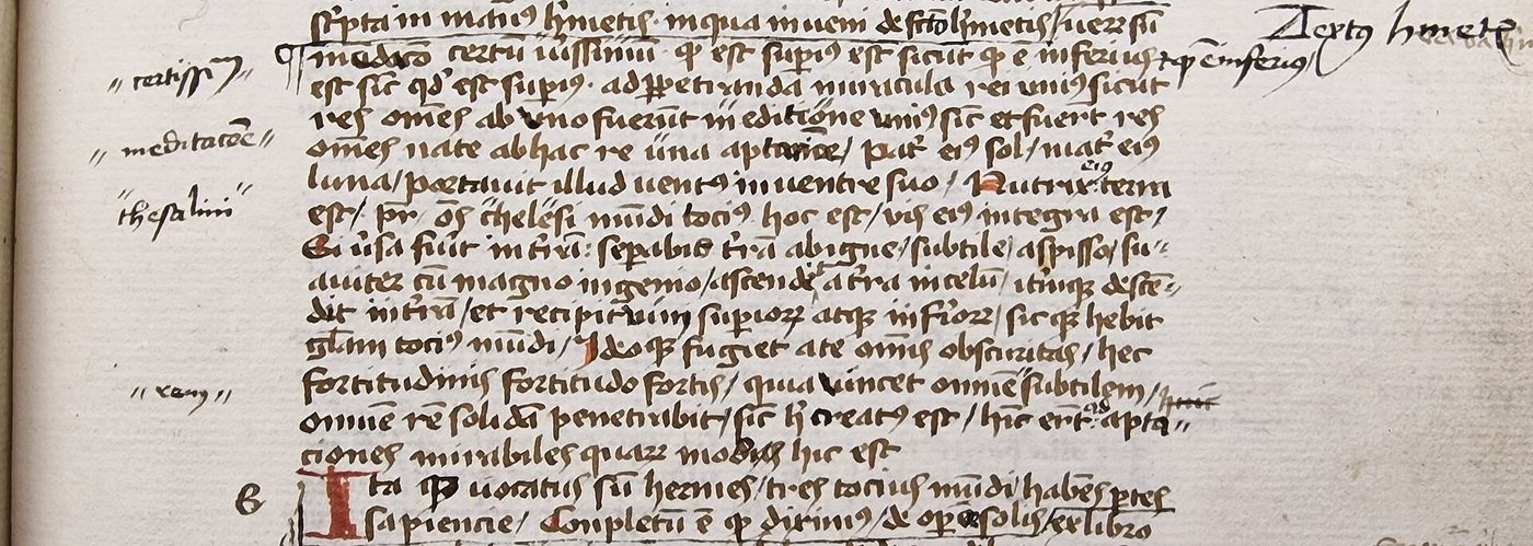 Lines of Latin text of the Tabula Smaragdina in a British Library manuscript